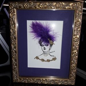 Vintage Framed Art with Purple Feather Accent And Embellishments